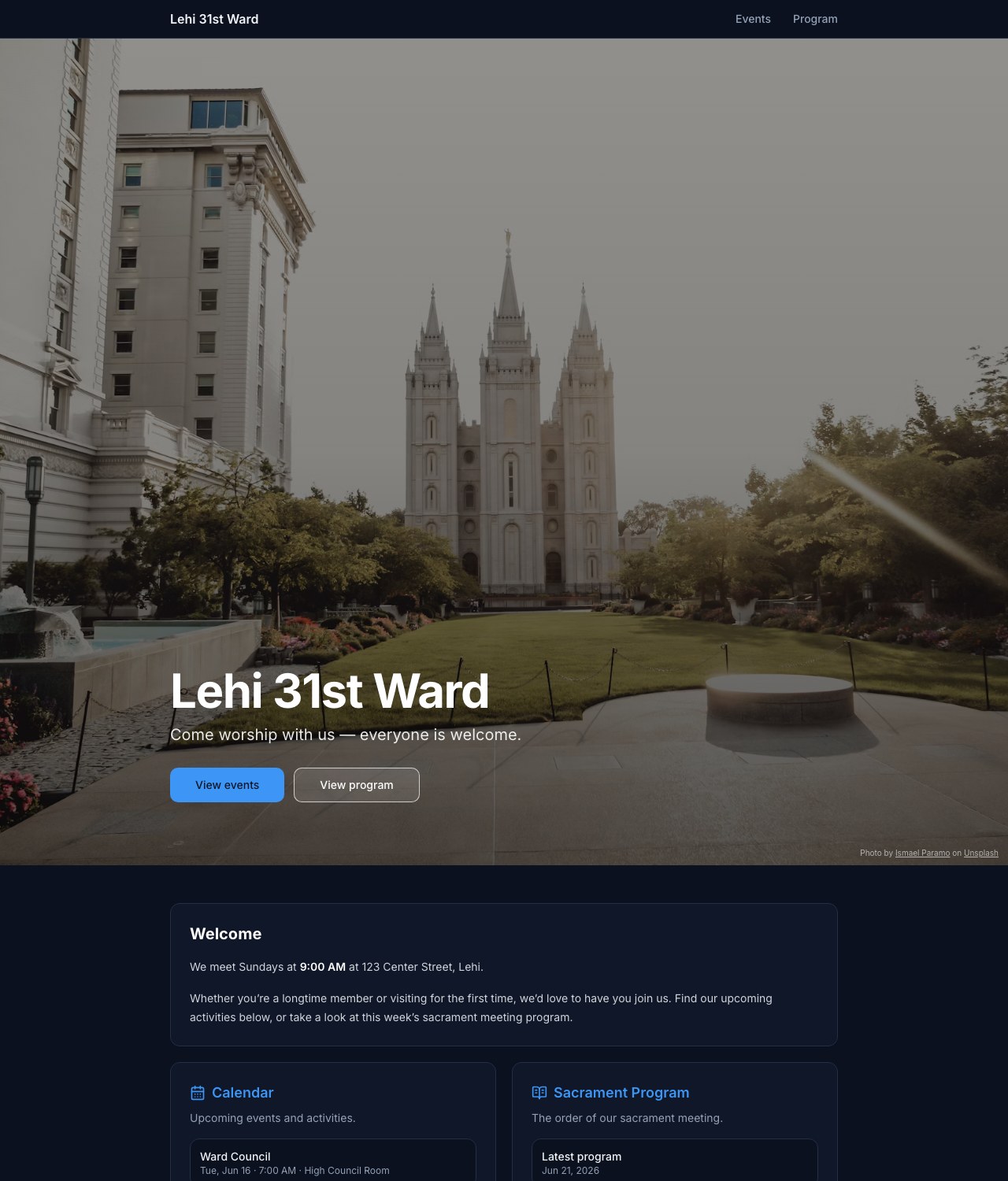 Example ward page showing the banner, welcome message, upcoming events, and weekly program